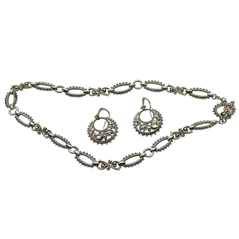 Barbara Bixby Silver & 18k Gold Beaded Texture Link Toggle Neklace and Earrings